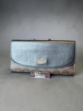 Coach Signature Trifold Wallet — Black Leather & Brown Signature Canvas